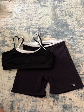 ALO Yoga Black Sports Bra and Bike Shorts with White Trim